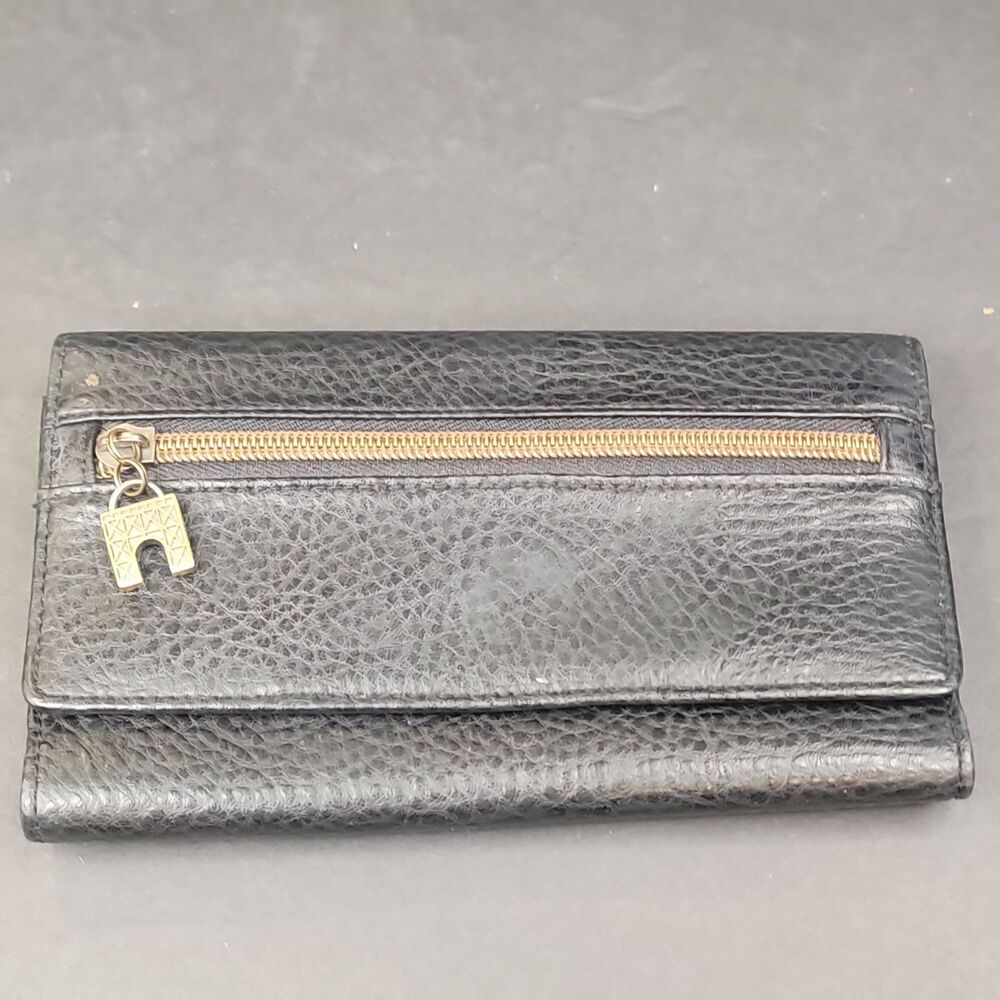 Black Long Trifold Wallet Checkbook Style Charm Zipper Pull